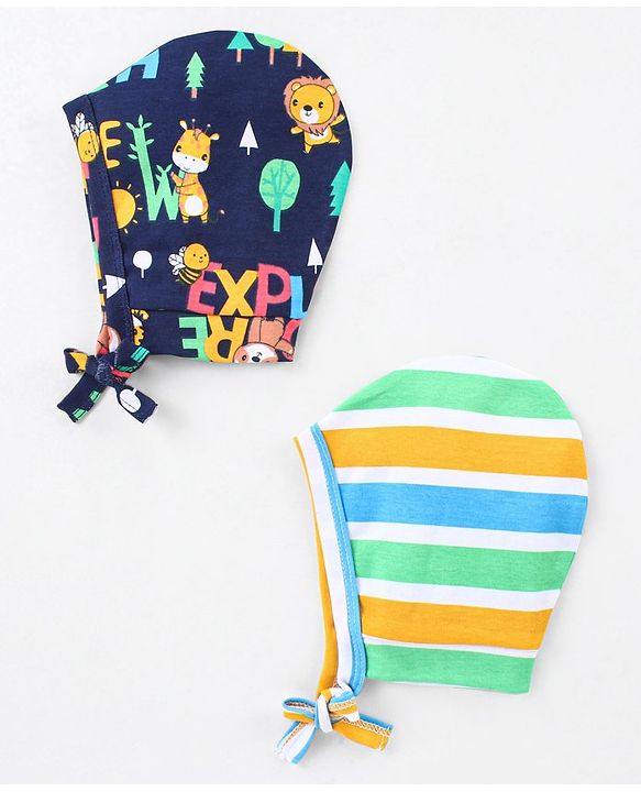 Babyhug 100% Cotton Striped & Printed Caps Pack of 2 - Multicolor