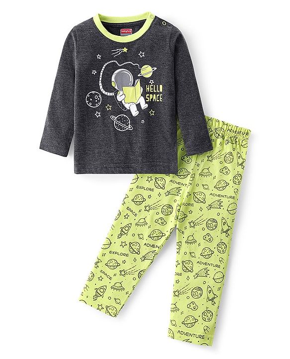Babyhug Cotton Knit Full Sleeves Night Suit With Astronaut Print - Green & Charcoal Grey