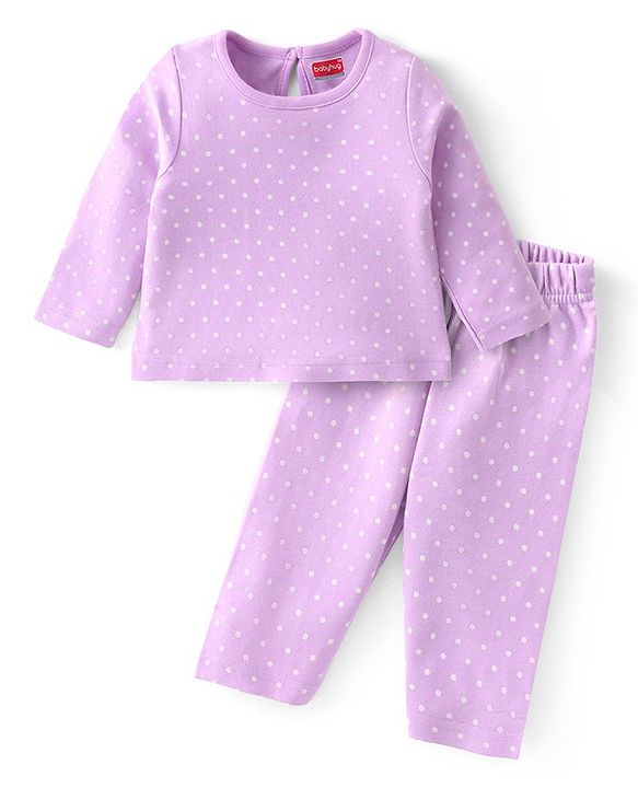 Babyhug Cotton Knit Full Sleeves Night Suit With Polka Dots Print - Lavender