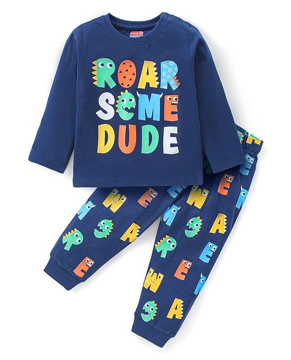 Babyhug Cotton Knit Full Sleeves Night Suit With Text Print - Navy