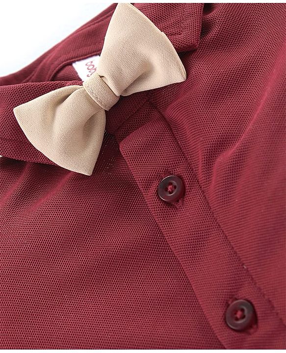 Babyhug Woven Full Sleeves Shirt & Trousers Set with Suspendor Bow & Hat - Maroon & Beige