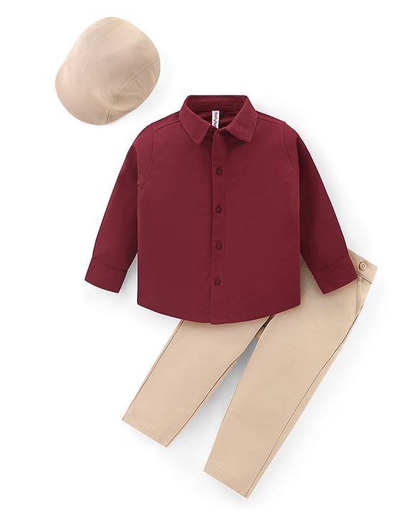 Babyhug Woven Full Sleeves Shirt & Trousers Set with Suspendor Bow & Hat - Maroon & Beige