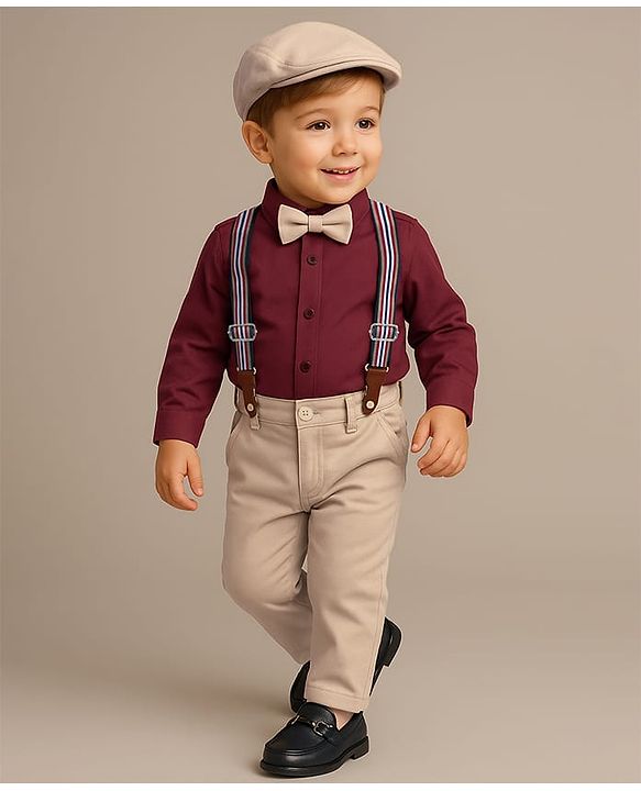 Babyhug Woven Full Sleeves Shirt & Trousers Set with Suspendor Bow & Hat - Maroon & Beige