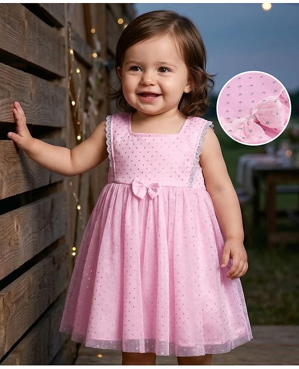 Babyhug Woven Sleeveless Glitter Dress with Bow Applique - Pink