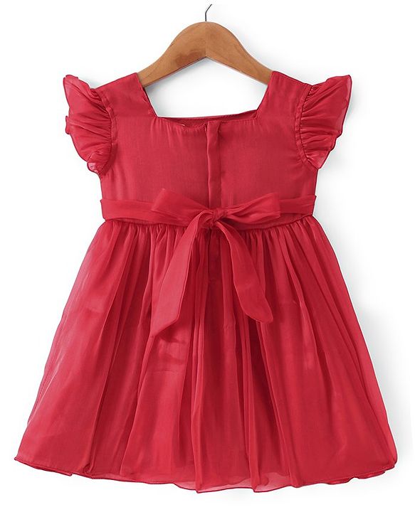 Babyhug Sleeveless  Solid Dress With Ruffles & Flower Applique - Red