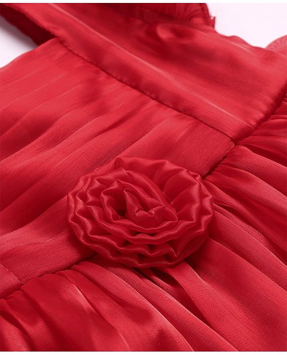 Babyhug Sleeveless  Solid Dress With Ruffles & Flower Applique - Red