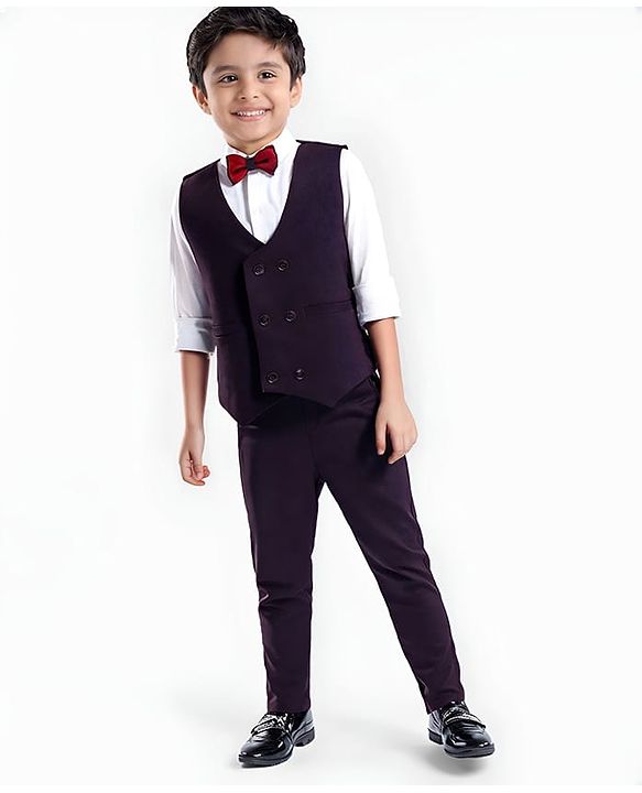 Babyhug Woven Full Sleeves Solid Colour 3 Piece Party Suit With Bow - Wine