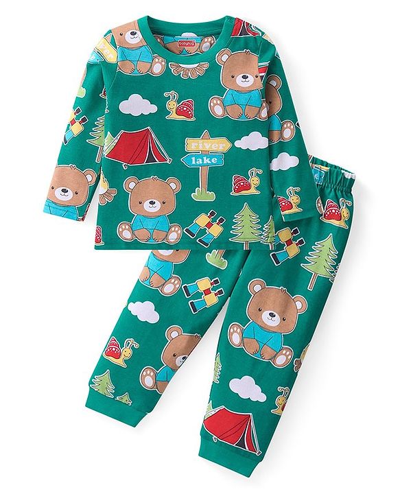Babyhug Cotton Knit Full Sleeves Night Suit with Animal & Cloud Print - Green