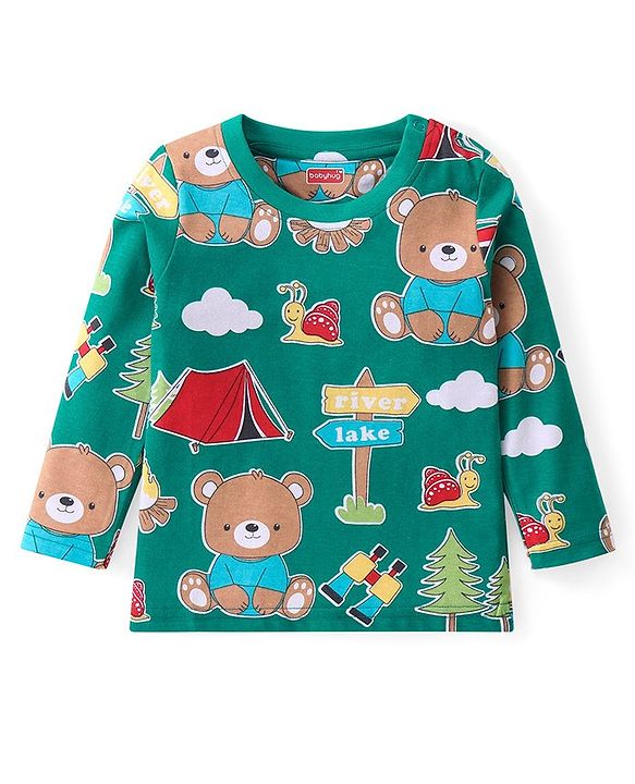 Babyhug Cotton Knit Full Sleeves Night Suit with Animal & Cloud Print - Green