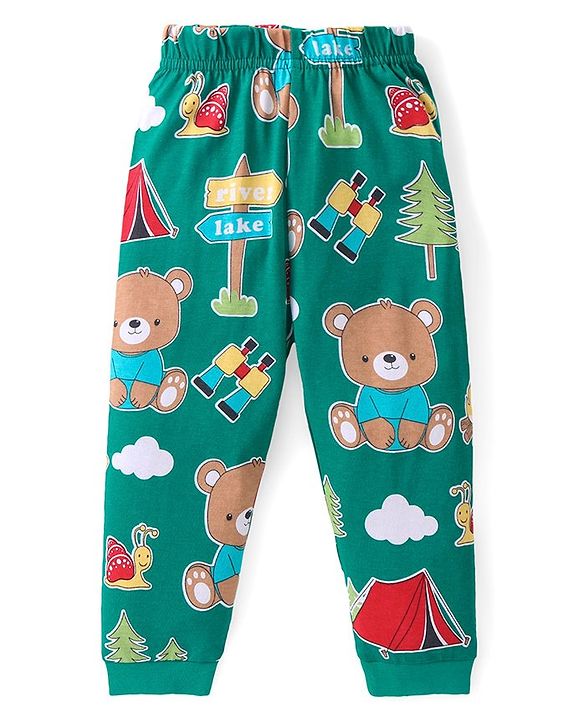 Babyhug Cotton Knit Full Sleeves Night Suit with Animal & Cloud Print - Green
