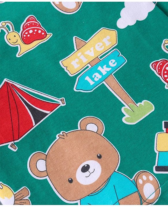 Babyhug Cotton Knit Full Sleeves Night Suit with Animal & Cloud Print - Green