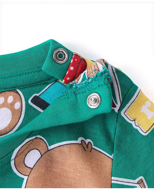 Babyhug Cotton Knit Full Sleeves Night Suit with Animal & Cloud Print - Green