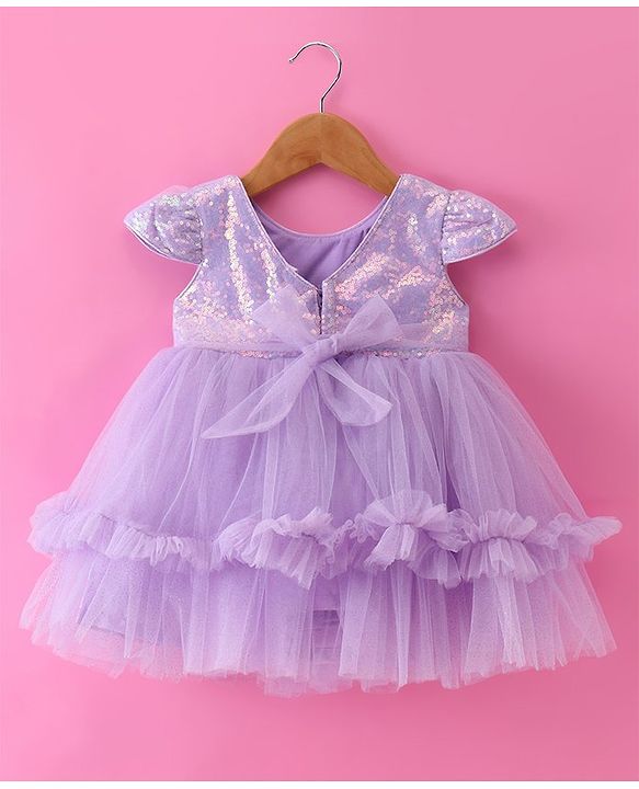 Babyhug Woven Cap Sleeves Glitter Mesh Dress With Bow Applique Sequins & Frill Detailing -  Lavender