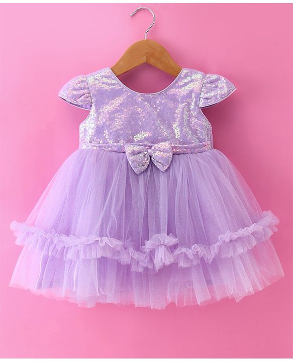 Babyhug Woven Cap Sleeves Glitter Mesh Dress With Bow Applique Sequins & Frill Detailing -  Lavender