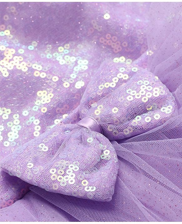 Babyhug Woven Cap Sleeves Glitter Mesh Dress With Bow Applique Sequins & Frill Detailing -  Lavender