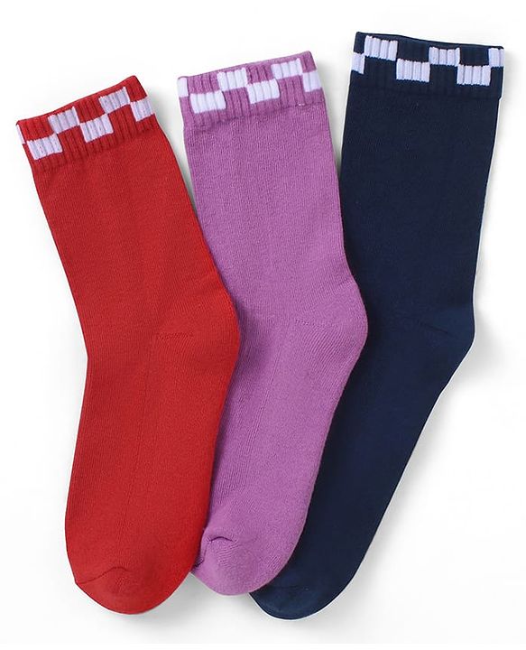 Pine Kids Cotton Knit Socks with Checked Design Pack of 3 - Red Purple & Navy Blue