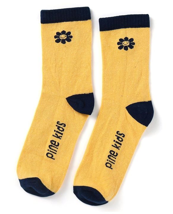 Pine Kids Cotton Nylon Knit Ankle Length Socks Floral & Brand Design Pack of 3 - Yellow Purple & Black