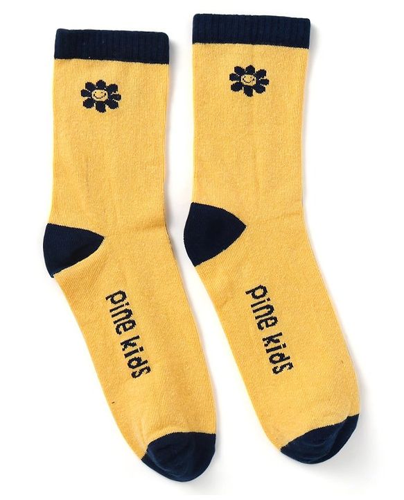 Pine Kids Cotton Nylon Knit Ankle Length Socks Floral & Brand Design Pack of 3 - Yellow Purple & Black