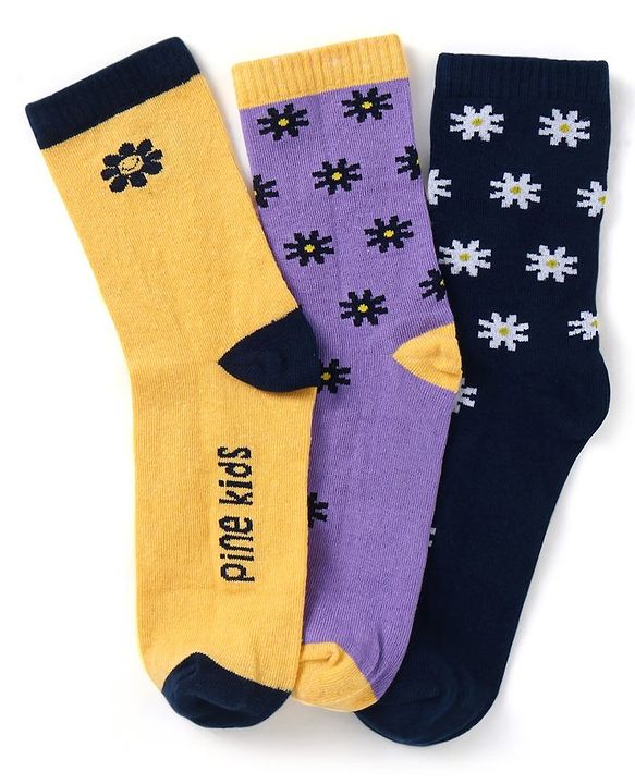 Pine Kids Cotton Nylon Knit Ankle Length Socks Floral & Brand Design Pack of 3 - Yellow Purple & Black