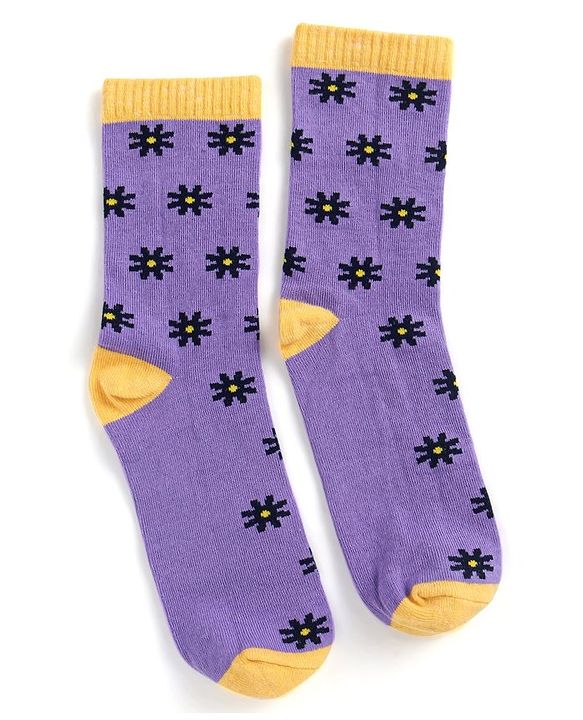 Pine Kids Cotton Nylon Knit Ankle Length Socks Floral & Brand Design Pack of 3 - Yellow Purple & Black