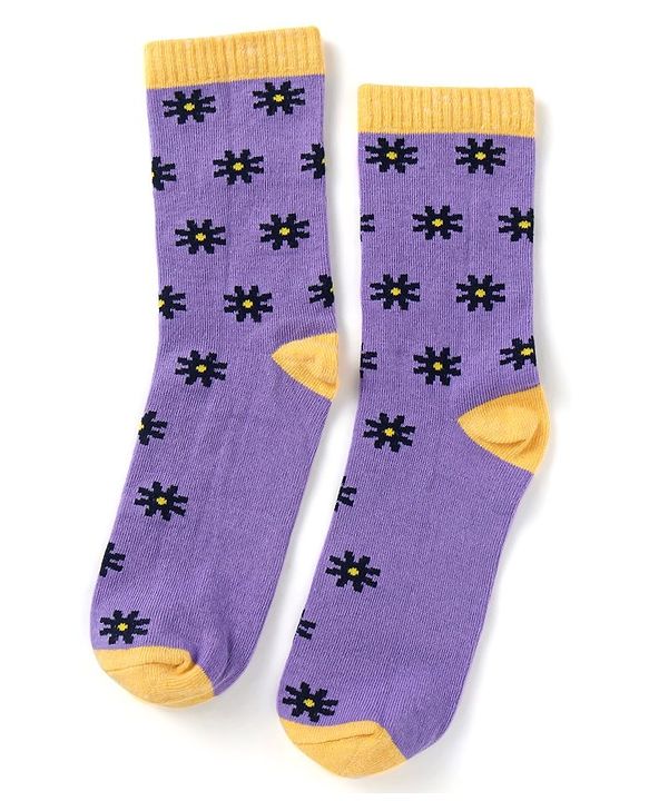 Pine Kids Cotton Nylon Knit Ankle Length Socks Floral & Brand Design Pack of 3 - Yellow Purple & Black