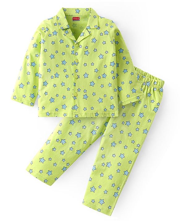 Babyhug Cotton Knit Full Sleeves Front Open Night Suit with Star Print - Green