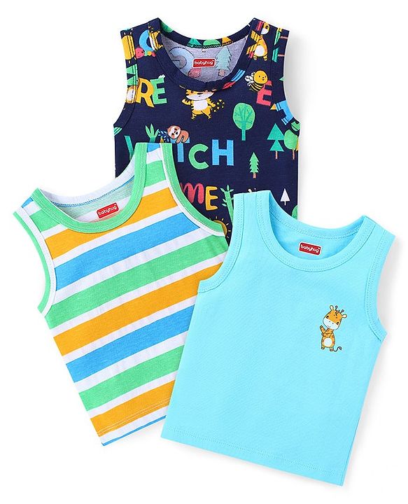 Babyhug 100% Cotton Knit Sleeveless Sandos with Striped Text & Animal Print Pack of 3 - Blue Green & Navy