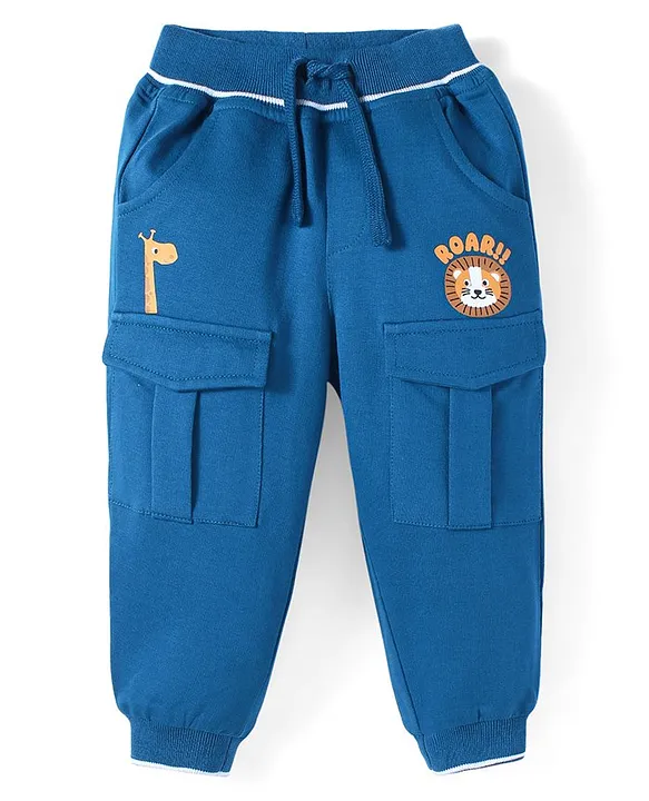 Babyhug Terry Knit Full Length Bear Printed Lounge Pant with Cargo Pockets - Navy Blue