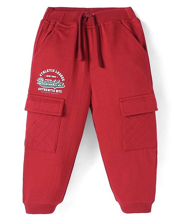 Babyhug Terry Knit Full Length Text Printed Track Pant with Cargo Pockets  - Red