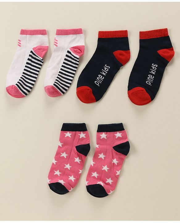 Pine Kids Cotton Nylon Ankle Length Socks Brand Text Stripes & Stars Design Pack of 3 - Red Black & White
