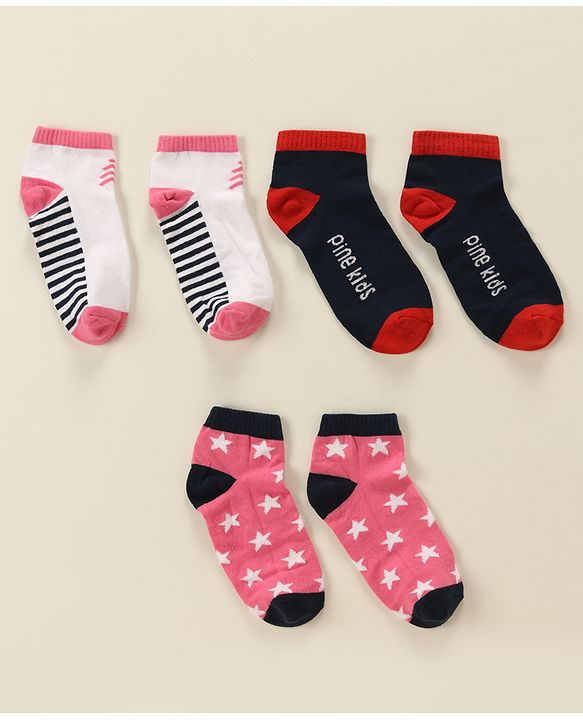 Pine Kids Cotton Nylon Ankle Length Socks Brand Text Stripes & Stars Design Pack of 3 - Red Black & White