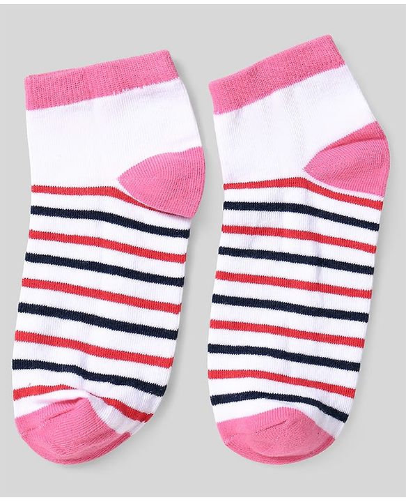 Pine Kids Cotton Knit Ankle Length Socks With Strips & Stars Print - Pink & Red