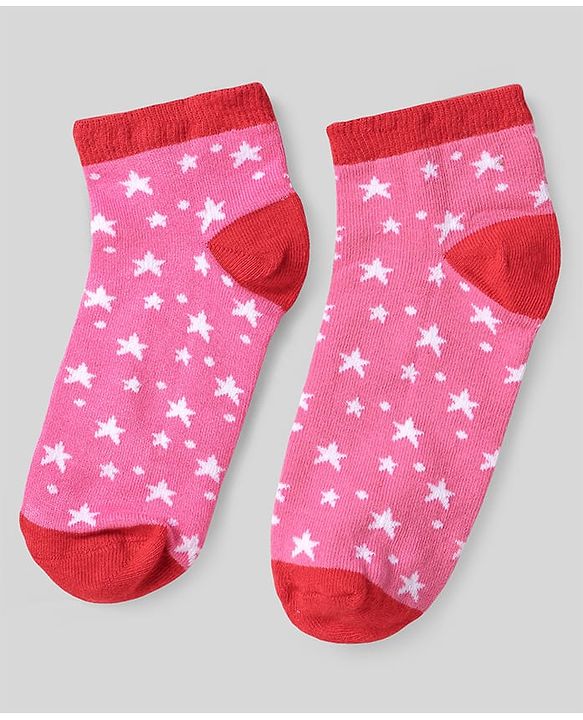 Pine Kids Cotton Knit Ankle Length Socks With Strips & Stars Print - Pink & Red