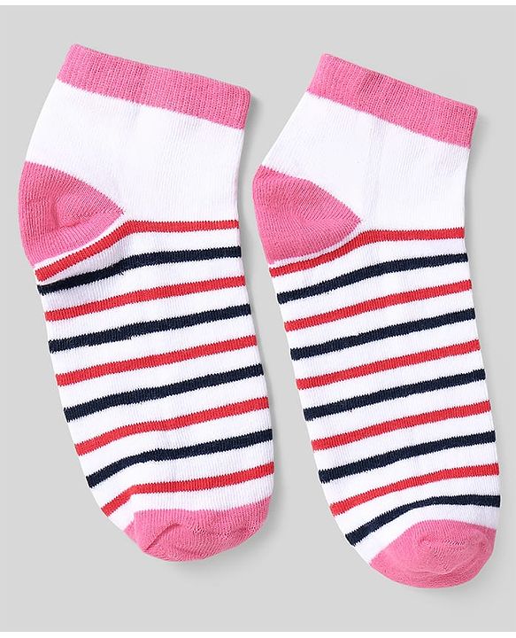 Pine Kids Cotton Knit Ankle Length Socks With Strips & Stars Print - Pink & Red