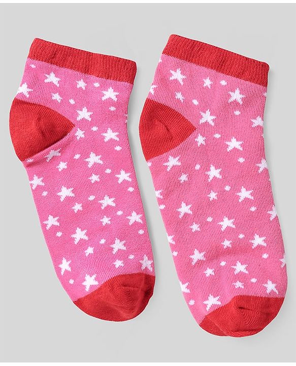 Pine Kids Cotton Knit Ankle Length Socks With Strips & Stars Print - Pink & Red
