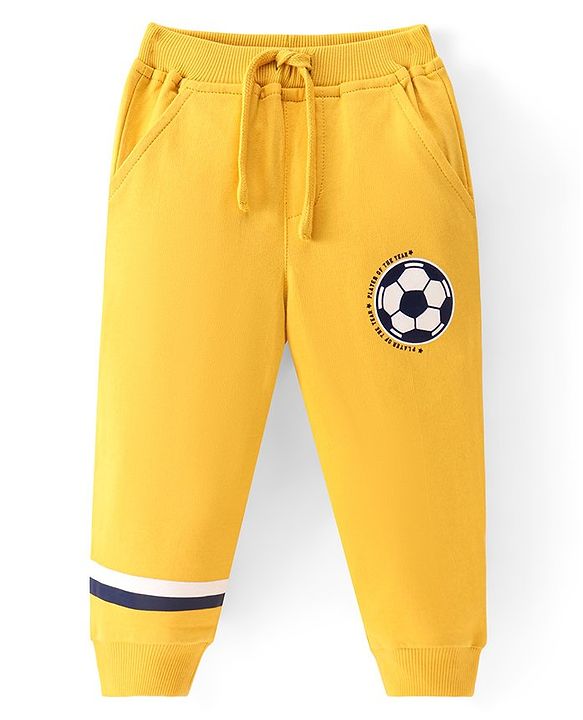 Babyhug Cotton Knit Full Length Lounge Pant With Football Print - Yellow