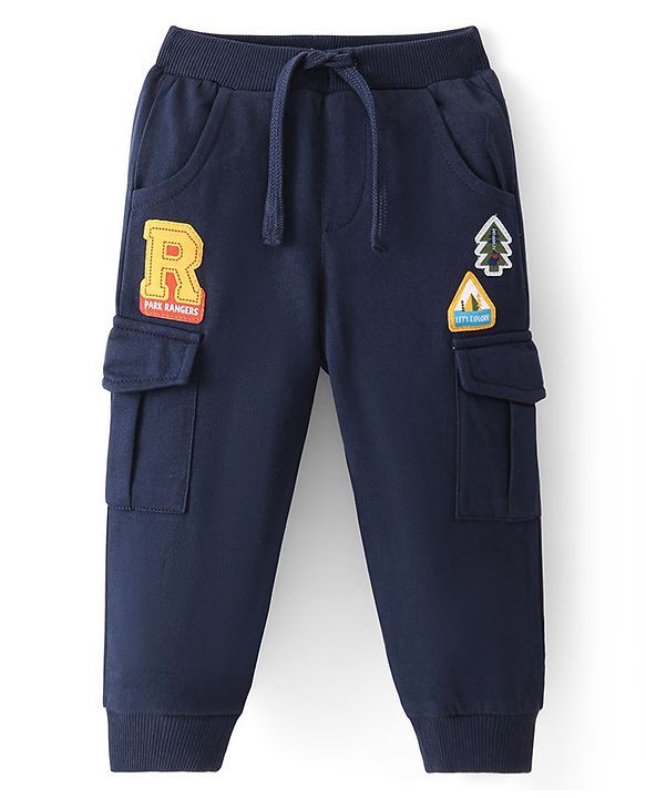 Babyhug Terry Knit Full Length Lounge Pant with Text Patch - Navy