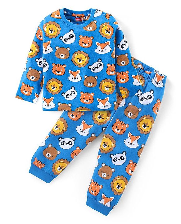 Babyhug Cotton Knit Full Sleeves Night Suit With Animals Print - Blue