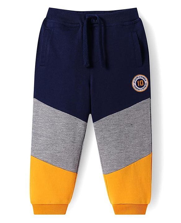 Babyhug Terry Knit Full Length Cut & Sew Pattern Lounge Pants - Navy Blue & Yellow