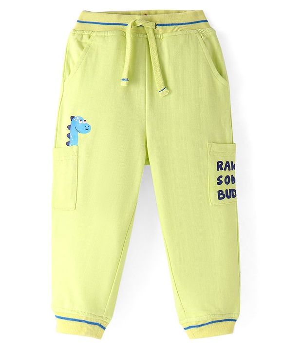 Babyhug Terry Knit Full Length Text & Dino  Printed Lounge Pant - Lime Green