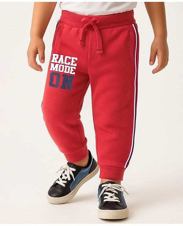 Babyhug Terry Knit Full Length Text Printed Lounge Pant - Red