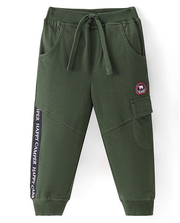 Babyhug Cotton Knit Full Length Lounge Pants With Badge Detailing - Olive Green