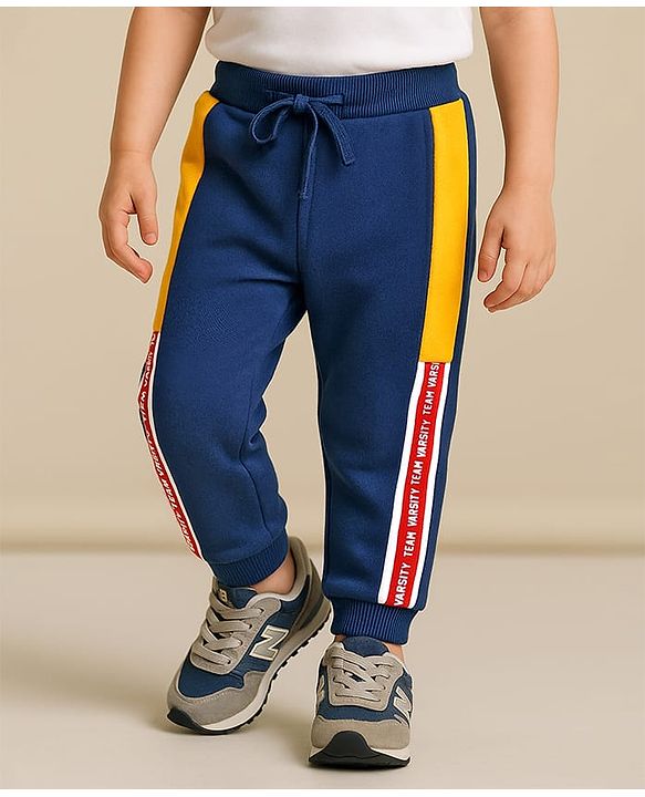 Babyhug Terry Knit Full Length Lounge Pants with Text Print Cut & Sew Design - Blue