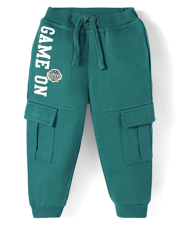 Babyhug Terry Knit Full Length Text Printed Lounge Pant - Teal Blue