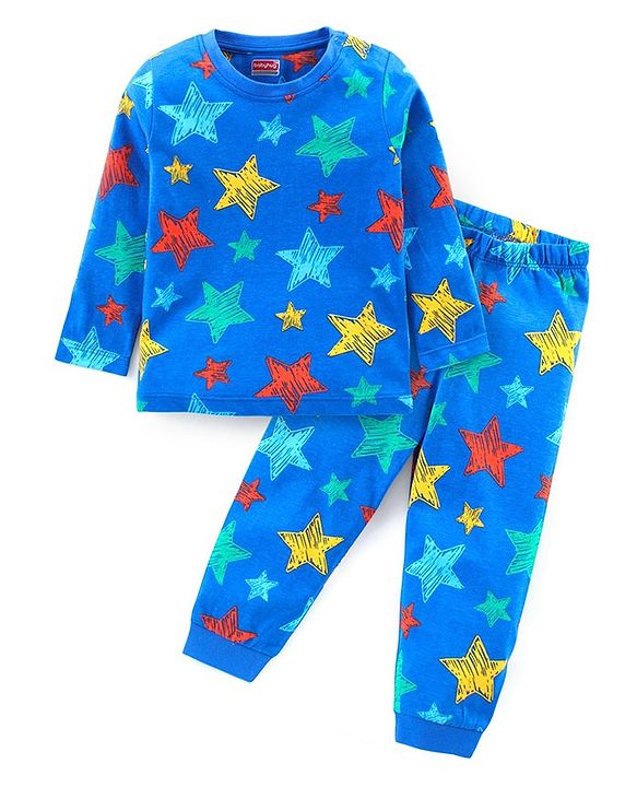 Babyhug Cotton Knit Full Sleeves Night Suit With Stars Print - Blue