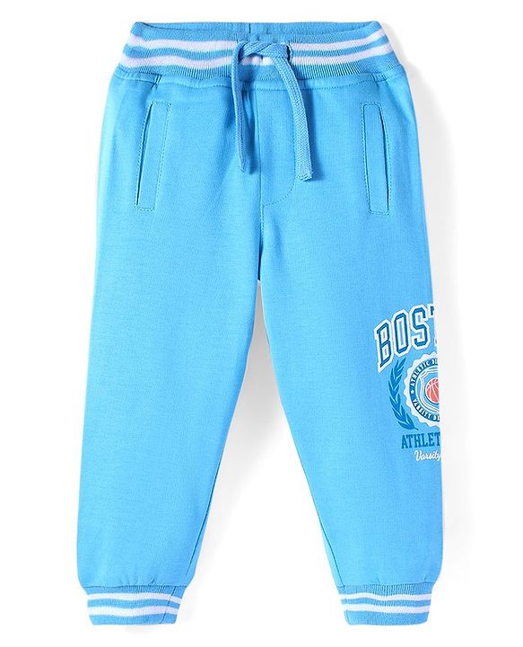 Babyhug Terry Knit Full Length Lounge Pants with Text Print - Light Blue