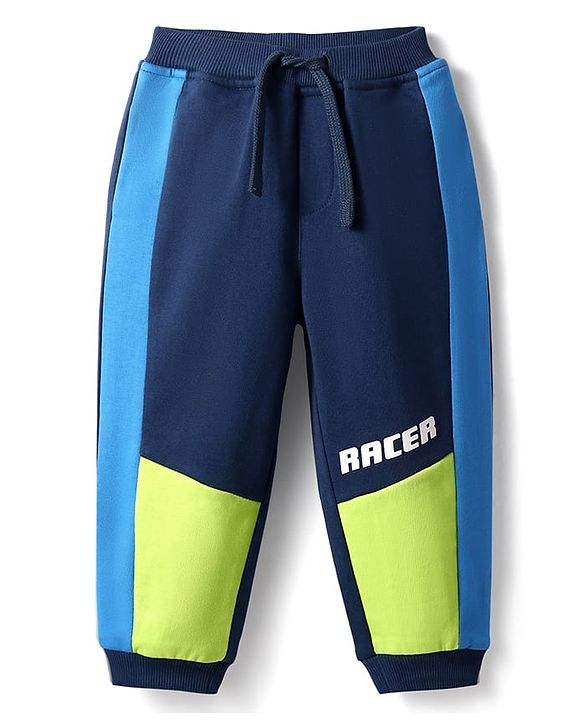 Babyhug French Terry Knit Full Length Track Pants with Racer Print Cut & Sew Design - Navy Blue