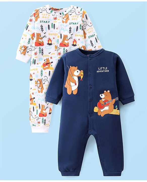 Babyhug 100% Cotton Knit Full Sleeves Romper with Bear Print Pack of 2- Navy & White