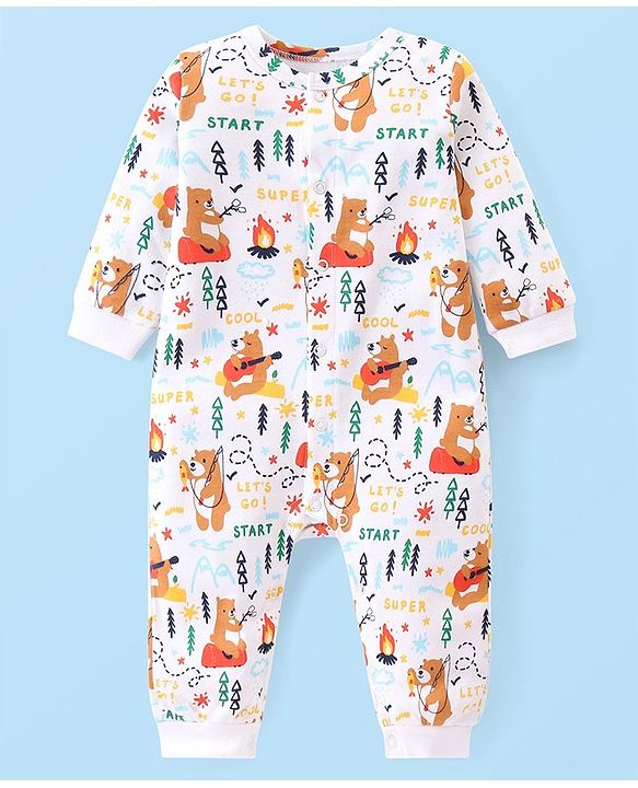 Babyhug 100% Cotton Knit Full Sleeves Romper with Bear Print Pack of 2- Navy & White