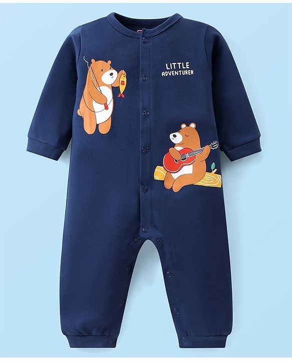 Babyhug 100% Cotton Knit Full Sleeves Romper with Bear Print Pack of 2- Navy & White